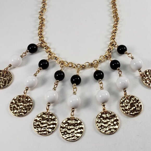 Gold Hammered Disc Charm Necklace w/ Black & White Beads – 22" Statement Jewelry - Picture 9 of 11